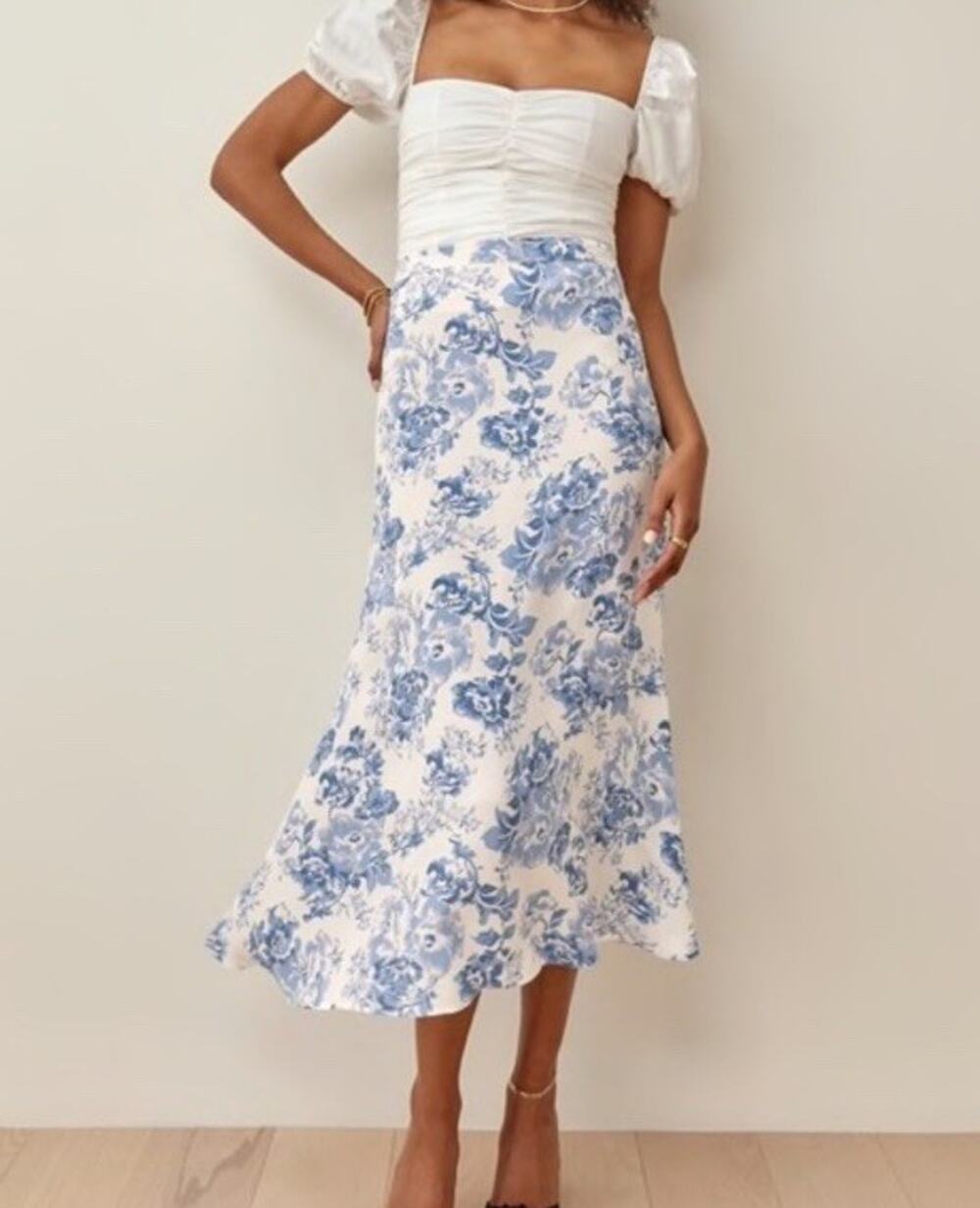 Reformation Bea Midi Skirt Olympia Blue Floral Viscose Blend Size 0 XS